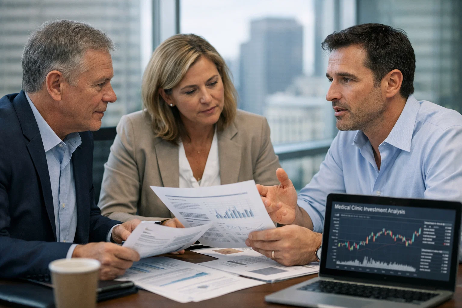 Group of business experts reviewing company reports and projections in a meeting room.
