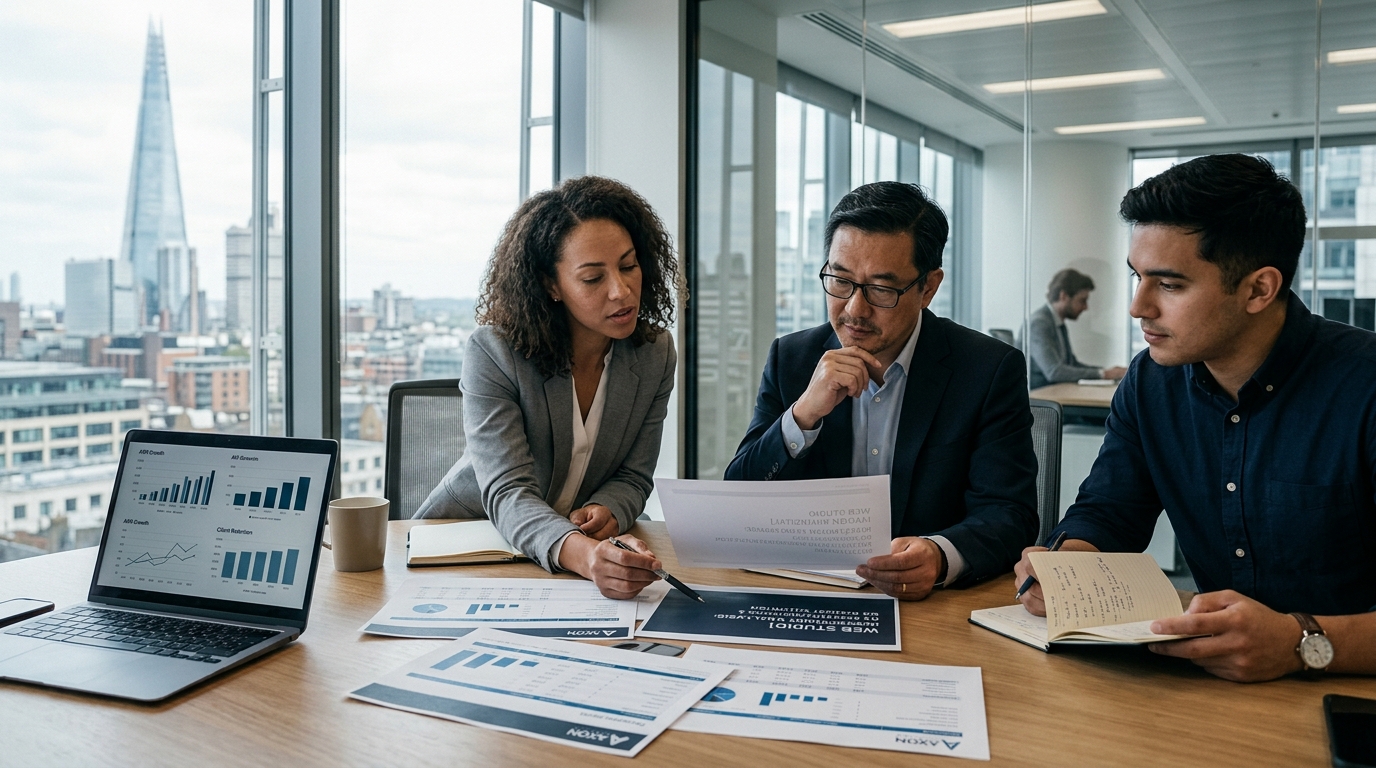 Web studio equity analysis with investors reviewing growth data.