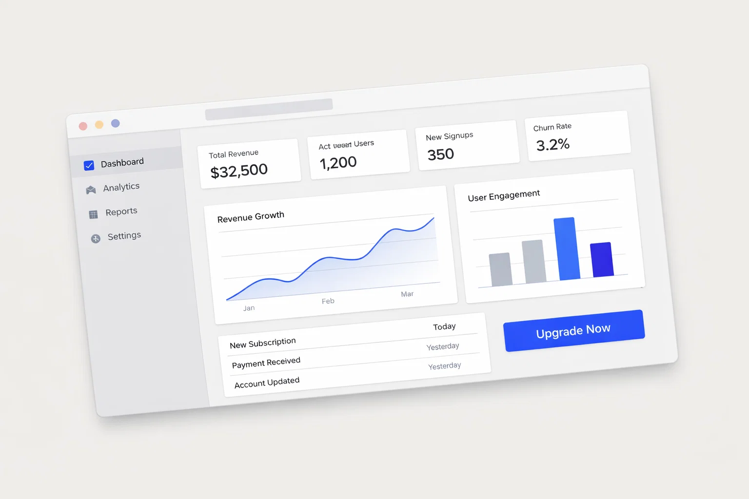 Subscription dashboard with revenue growth and user engagement analytics.